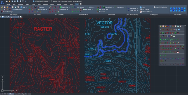  Figure 2. Complex raster topographic maps can be efficiently edited with GTXRaster CAD 2022 Series for ZWCAD 2022